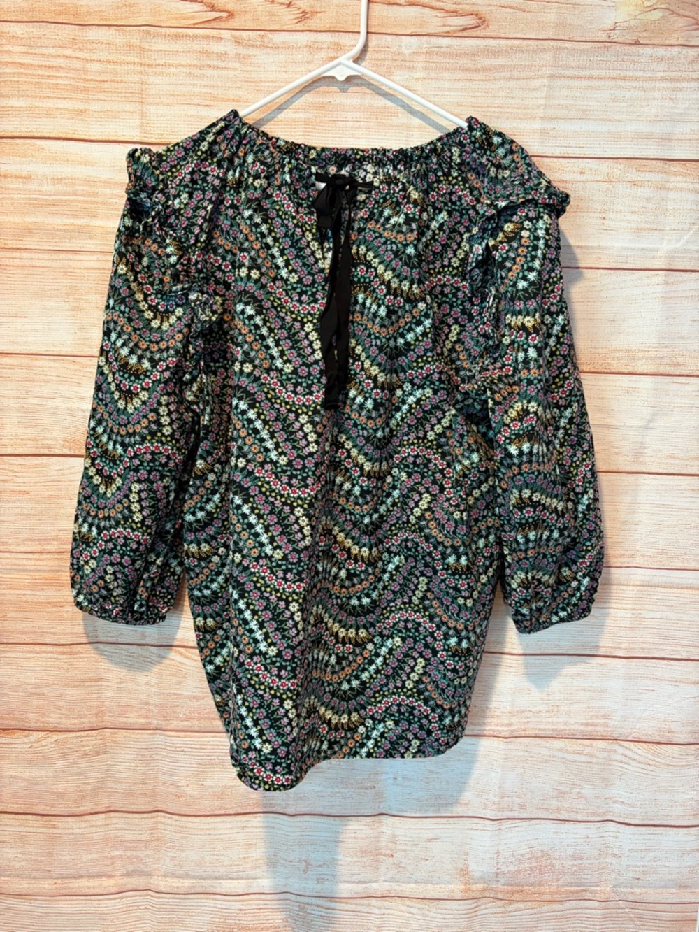 LOFT Black Floral Off-Shoulder Tunic with Multi-Color Ditsy Print